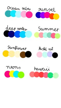 an image of different colors in the same color scheme, with words above them that read ocean waves, deep water, summer, sunflower, post cat,