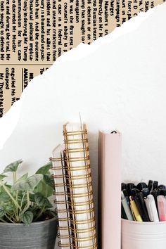 a desk with books, notebooks and plants on it next to a wallpapered background