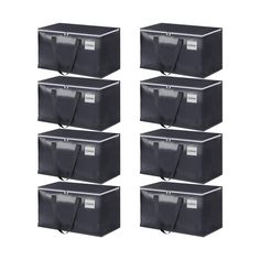 six black storage bins with handles on each side