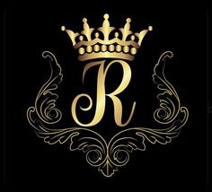 the letter r with a crown on top and an ornate frame around it in gold