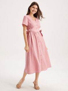 Shopcozy offers stylish and concessional Dresses.. SPU: 449QDRAGB409, Color: Light Pink, Edition type:Loose, Accessories:No. Spring Relaxed Fit Dress With Buttons, Casual Relaxed Fit Maxi Dress With Buttons, Casual Relaxed Fit Maxi Dress For Brunch, Relaxed Fit Casual Maxi Dress For Work, Casual Relaxed Fit Maxi Dress For Work, Casual A-line Maxi Dress For Work, Spring Pink Dress With Relaxed Fit, Pink Short Sleeve Maxi Dress With Buttons, Feminine Pink Maxi Dress For Work