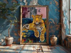 a painting of a leopard sitting on top of a couch next to a potted plant