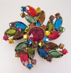 1950's Large Multicolored Rhinestone Brooch Pin Rhinestone Brooch Rhinestone Pin Multicolor Costume Jewelry Brooches For Weddings, Elegant Multicolor Jeweled Brooches, Multicolor Rhinestone Brooches For Wedding, Multicolor Rhinestone Wedding Brooches, Elegant Multicolor Rhinestone Brooches, Vintage Multicolor Brooch For Party, Vintage Multicolor Rhinestones Brooches, Multicolor Vintage Brooch For Party, Vintage Multicolor Party Brooch