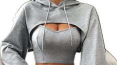 Gray Long Sleeve Top With Drawstring, Stretch Hoodie With Drawstring, Stretch Drawstring Hoodie Tops, Fitted Gray Spring Sweatshirt, Gray Stretch Top With Drawstring Hood, Gray Drawstring Top For Fall, Gray Drawstring Hoodie, Gray Drawstring Hoodie Top, Fitted Long Sleeve Gray Hoodie