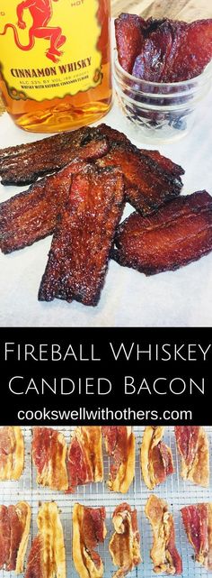 the ingredients for fireball whiskey and candied bacon are shown in this collage