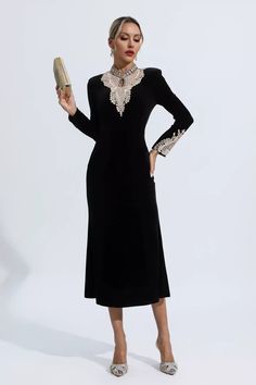 Elevate your style with the Melany Black Velvet Long Sleeve Dress. Inspired by French palace fashion, this dress exudes sophistication. Crafted in luxurious black velvet, it offers a vintage charm that adds a touch of elegance to any occasion.  Dress Length: Approx 107cm Materials: Polyester  Gentle Dry Clean Only  Model is 5 ft 7 and wears size S  Colour may vary due to lighting on images. The product images (without model) are closest to the true colour of the product.  Item runs true to size Palace Fashion, Velvet Long Sleeve Dress, French Palace, Glitter Wedding Dress, Collage Kunst, Long Sleeve Velvet Dress, Bandage Midi Dress, Floral Shirt Dress, Feather Dress