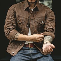 Rugged Leather Jacket With Button Closure, Rugged Long Sleeve Denim Jacket With Pockets, Rugged Brown Sport Coat With Pockets, Classic Denim Jacket For Outdoors, Rugged Long Sleeve Outerwear With Snap Buttons, Rugged Denim Jacket With Pockets For Fall, Classic Outdoor Denim Jacket With Pockets, Classic Brown Denim Jacket For Winter, Brown Single Breasted Utility Outerwear