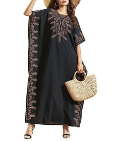 This is a beautiful brand new over sized fit caftan. It is made of 50% polyester and 50% cotton. One size fits all. The bust/hips are free size. The length is 55.51”. It has a baggy fit, soft and comfortable, and pull on closure. Machine washable and hand washable. Black Free Size Tunic Kaftan, Summer Black Kaftan With Floral Embroidery, Black Floral Embroidered Kaftan For Festivals, Black Free-size Kaftan For Spring, Black Short Sleeve Kaftan For Vacation, Black Short Sleeve Kaftan For Beachwear, Black Short Sleeve Beachwear Kaftan, Black Spring Kaftan With Short Sleeves, Oversized Cotton Kaftan