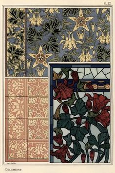 an image of stained glass with flowers and leaves on it's side, in different colors