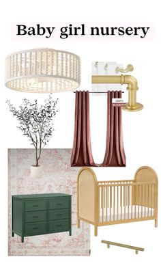 a baby girl nursery room with pink curtains and green crib, gold lamp, white dresser