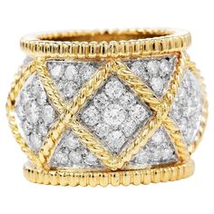 This exquisite Diamond 18K Gold Elegant Wide Cocktail Ring is the perfect complement to any ensemble  Expertly crafted in heavy solid 18K white and yellow gold, composed by (93) Genuine Diamonds,  Round Cut, pave set, with an approximate weight of 4.35 carats (G-H color, VS, SI Clarity) The Diamonds are Full of Shine and Sparkle. The whole piece weighs 17.0 grams and measures 16.5 mm wide  x 3 mm in height US size 5 Remains in excellent condition Accompanied by a professional appraisal document. 1980s Design, Jewelry Appraisal, Eternity Band Ring, Luxury Timepieces, Gems Jewelry, Eternity Band, Selling Jewelry, Buying Jewelry, Cocktail Ring