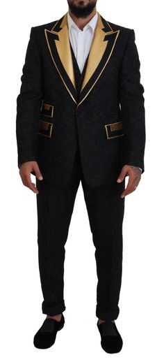 Dolce & Gabbana Black Gold Fantasy Tuxedo Slim Fit Suit - Ellie Belle Fantasy Tuxedo, Dolce And Gabbana Suits, Gold Color Palettes, Pieces Men, Slim Fit Suit, Wedge Pumps, Dolce E Gabbana, 3 Piece Suits, Tailored Pants