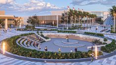 an artist's rendering of a plaza with seating and trees in the background at dusk