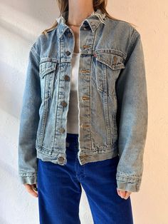 - Vintage Levis thrashed denim jacket - Blanket lined - Very well worn in with extra wear around the collar and faded, minor stains and discolouration throughout  - Made in USA - Small  Chest: 22" Length: 23"  Sleeve: 23" Faded Distressed Denim Jacket For Winter, Winter Faded Distressed Denim Jacket, Faded Distressed Grunge Denim Jacket, Faded Grunge Denim Jacket, Vintage Denim Outerwear With Frayed Hem, Vintage Outerwear With Frayed Hem In Medium Wash, Vintage Medium Wash Outerwear With Frayed Hem, 90s Distressed Denim Jacket For Fall, Vintage Denim Jacket With Frayed Hem In Medium Wash