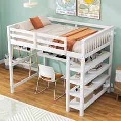 a white bunk bed sitting on top of a hard wood floor next to a desk