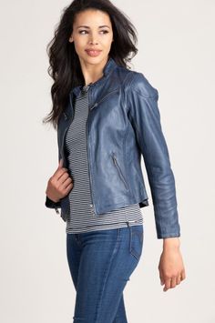 Sandy Lambskin Leather Moto Jacket | Overland Blue Leather Jacket, Cool Look, Health Screening, Coat Outfits, Leather Moto, Leather Moto Jacket, Healthy People, Moto Jacket, Lambskin Leather