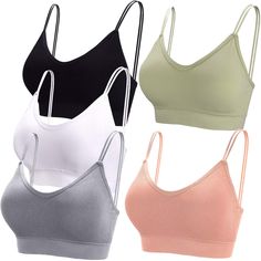 four women's bra tops in different colors