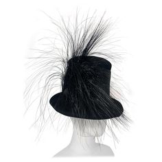 Maison Michel Autumn/Winter Black Fur Felt Short-Brim Tall Crown Hat w Extravagant Feathers: Extra-wide grosgrain ribbon band and a mixture of black ostrich and egret feathers at side. Attached combs for securing. Size US 7. Made in France. Philip Treacy Hats, Tall Crown, Philip Treacy, Crown Hat, Feather Trim, Grosgrain Ribbon, Feathers, Autumn Winter, Accessories Hats