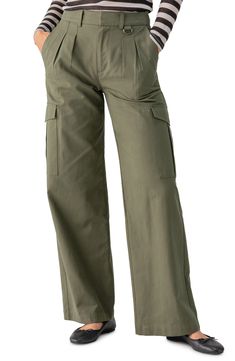 Cargo pants come through with polish in this wide-legged version that smartens up the silhouette. 33" inseam; 23" leg opening; 12" front rise Zip fly with hook-and-bar closure Front slant pockets; cargo flap-patch pockets; back welt pockets 98% cotton, 2% spandex Machine wash, tumble dry Imported Versatile Full-length Bottoms With Welt Pockets, Versatile Full Length Bottoms With Welt Pockets, Fall Work Pants With Cargo Pockets, Spring Utility Wide Leg Pants, Fall Wide Leg Work Pants With Welt Pockets, Fall Cargo Pants With Belt Loops, Utility Pants With Loosely Fitted Hips For Workwear, Loosely Fitted Cargo Bottoms For Workwear, Fall Wide Leg Parachute Pants With Hip Pockets