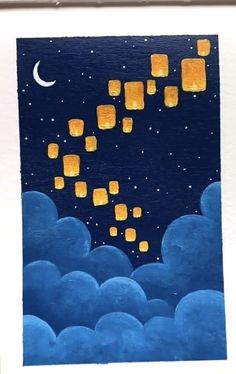 a painting with yellow squares floating in the air above blue clouds and a half moon