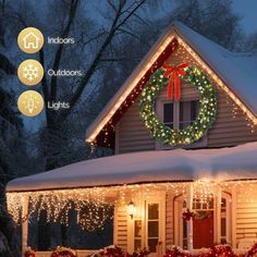 a house covered in christmas lights and wreaths with the words light up your home