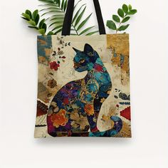 Floral Cat Pattern Tote Bag, Aesthetic Canvas School Shoulder Bag, Lightweight Grocery Shopping Bag 110-Canvas School Shoulder Bag, Aesthetic Canvas, Tote Bag Aesthetic, Retail Bags, Shoulder Bags For School, Grocery Shopping Bags, Printed Canvas Tote Bag, Merchandise Bags, Floral Cat