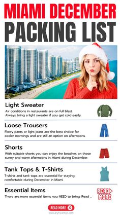 the miami december packing list is shown in red, white and blue with an image of a