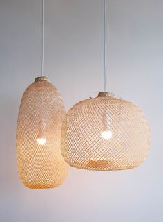 two hanging lights made out of woven material