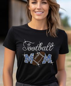 Football Mom, Orange, Lite Blue, Green, Red, Rhinestone T-shirt.       Rhinestone area 7.75(h) x 9.75 (w) *-Bella Canvas T-shirt brand. Shirts are 100% cotton, stretchable Casual Crew Neck T-shirt With Rhinestones, Graphic Tee With Rhinestones And Crew Neck, Graphic Tee T-shirt With Rhinestones, Short Sleeve, Rhinestone Cotton Crew Neck T-shirt, Cotton Short Sleeve T-shirt With Rhinestones, Cotton T-shirt With Rhinestones And Short Sleeves, Cotton T-shirt With Rhinestones Short Sleeve, Black Cotton T-shirt With Rhinestones, Rhinestone Graphic Tee