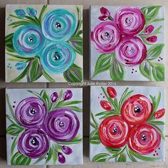 four paintings with flowers painted on them