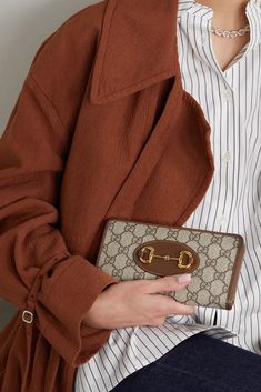 Gucci Wallet Women, Modest Maxi Dress, Modest Maxi, Canvas Wallet, Gucci Horsebit, Gucci Wallet, Print Coat, Style Aesthetic, Brown Coat