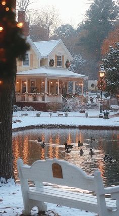 a white bench sitting in front of a lake next to a snow covered house with christmas lights on it