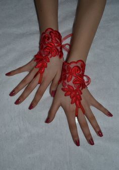 unique red gloves. love red lace gloves, french lace gloves fingerless glove free ship, wedding glove.