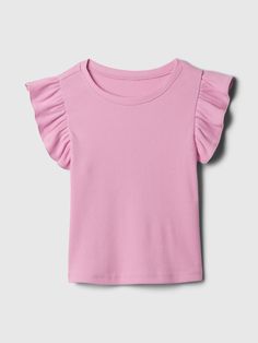 Soft cotton T-shirt.  Crewneck.  Short ruffle sleeves.  Straight, easy fit.  Hits at the hip.  Sizes range from baby to toddler. Cute Ruffled Crew Neck T-shirt, Cotton Ruffle T-shirt With Flutter Sleeves, Cotton T-shirt With Ruffles And Flutter Sleeves, Spring Cotton Short Sleeve Top With Ruffle Sleeves, Summer Ruffle T-shirt With Flutter Sleeves, Solid Color T-shirt With Ruffle Sleeves For Spring, Summer Ruffle Flutter Sleeve T-shirt, Cute Pink Ruffled T-shirt, Summer Flutter Sleeve Ruffled T-shirt