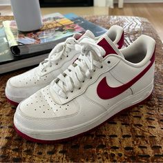 Nike Air Force 1 07 Wild Cherry White Women's Sneakers Shoes Pink Red Worn Probably 1-2 Times, Very Good Condition White And Red Air Force 1, Nike Air Force 1 Red Pink, Casual Red Nike Air Force 1 Synthetic Sneakers, Red Nike Air Force 1 Sporty Shoes, Nike Red Non-slip Sneakers, White Sneakers Women, Air Force 1, Nike Air Force, Womens Shoes Sneakers