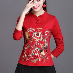 Trendy Fashion Lady Chinese Floral Embroidery T-Shirt Slim Blouse Tops Ethnic Mandarin Collar, Fashion Women's Tops Traditional Crew Neck Top For Festivals, Cotton Long Sleeve Tops With Motif, Long Sleeve T-shirt With Multicolor Embroidery, Traditional Short Sleeve Tops With Motif, Traditional Crew Neck Cotton Top, Casual Long Sleeve Tops With Geometric Embroidery, Folk Style Long Sleeve Tops With Motif, Traditional Cotton Crew Neck Top, Embroidered Long Sleeve Red Top