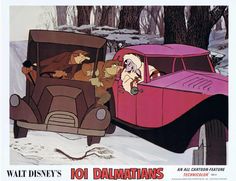 an advertisement for walt's 101 dalmatians featuring three cartoon characters in the back of a car