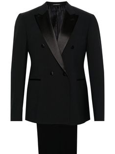 Emporio Armani double-breasted Wool Suit - Farfetch Blue Tuxedos, Suit Blue, Fur Parka, Twill Weave, Three Piece Suit, Wool Suit, Blouse Outfit, Double Breasted Suit, Welt Pocket