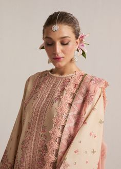 Hussain Rehar Stile Lawn Eid Collection 2024 Original brand suit fabric and photography lite diffrance in actual print. Hussain Rehar, Pakistani Designer Clothes, Embroidered Chiffon, Embroidered Border, Embroidered Dupatta, Chiffon Dupatta, Eid Collection, Pakistani Designers, Kurta With Pants