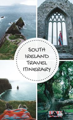 the collage shows images from different places in ireland, including an old stone building and a woman sitting on a bench looking out at the ocean