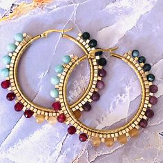 Handmade Gemstone Large Hoop Earrings Sunstone Ruby Lepidolite Gems by WorkofHeart on Etsy Multicolor Gemstone Accented Drop Earrings, Multicolor Teardrop Earrings With Gemstone Accents, Multicolor Round Earrings With Stones, Hoop Earrings With Round Natural Stones For Gift, Round Beads Earrings For Jewelry Making, Round Beads Earrings With Natural Stones For Jewelry Making, Adjustable Hoop Earrings With Natural Stones, Bohemian Multicolor Gemstone Earrings, Multicolor Natural Stones Hoop Earrings As Gift