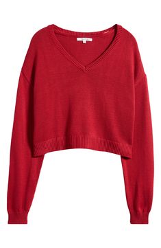 Give your off-duty fits a cozy boost in this cropped, boxy sweater made with a touch of wool for enhanced warmth. 19" length (size Medium) V-neck Long sleeves Dropped shoulders Ribbed cuffs and hem 50% nylon, 25% polyester, 15% acrylic, 10% wool Machine wash, dry flat Imported Red Wool Sweater, Womens Christmas Sweater, Chunky Red Sweater, Red Off Shoulder Sweater, Red Christmas Sweater Outfit, Cute Red Clothes, Cute Red Long Sleeve Tops, Cute Red Sweater, Christmas Slideshow