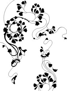 a black and white drawing of flowers with swirls