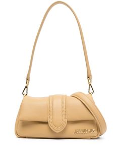 camel brown lambskin logo lettering gold-tone hardware foldover top with magnetic fastening adjustable detachable shoulder strap main compartment Jacquemus Bag, Best Online Stores, Pad Bag, Sand Beige, Timeless Accessories, Cute Bags, Small Accessories, Shoulder Bag Women, Bag Making