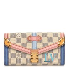 This is an authentic LOUIS VUITTON Damier Azur Summer Trunks Sarah Wallet NM. This stylish wallet is crafted of lovely Louis Vuitton signature damier on toile canvas in azur blue and white printed with a pastel trunk silkscreen print. This wallet features an envelope style front flap that opens with a polished brass press lock closure to a pink cross grain leather interior. Inside the wallet is a compartmentalized interior featuring two card slot panels, a bill fold pocket and a central zipper c Luxury Multicolor Wallets With Card Slots, Designer Multicolor Travel Wallet, Luxury Multicolor Wallets For Travel, Pink Cross, Silkscreen Print, Luxe Life, Louis Vuitton Damier Azur, Silk Screen Printing, Leather Interior