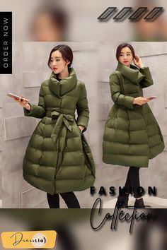 New Women Winter Down Jackets Warm Long Slim Coat and Jacket Female Big Swing Women Snow Outwear Khaki Long Sleeve Winter Puffer Jacket, Khaki Long-sleeve Puffer Jacket For Cold Weather, Fitted Khaki Outerwear With Stand Collar, Khaki Long Sleeve Winter Outerwear, Green Long Sleeve Winter Puffer Jacket, Green Winter Puffer Jacket, Green Long Sleeve Puffer Jacket For Fall, Winter Khaki Puffer Jacket, Khaki Winter Puffer Jacket