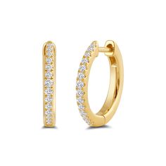 Here is what you need to add just a touch of class to your daily wear. These yellow gold hoop earrings feature a half-circle row of round diamonds in graduated size. The earrings are fastened by a hinged post closure for a comfortable and worry-free fit. Diamond Jewelry Set, White Gold Studs, Ear Stack, Half Circle, Eternity Ring Diamond, Diamond Hoop Earrings, Fancy Color Diamonds, Earrings Collection, High Jewelry