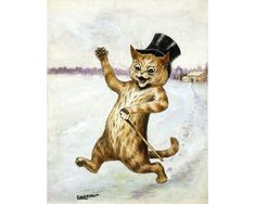 a painting of a cat with a top hat and cane running in the snow holding an umbrella