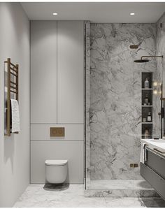 a modern bathroom with marble walls and floor