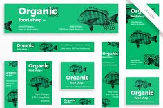 the organic food shop logo and business cards are displayed on a white background with green accents